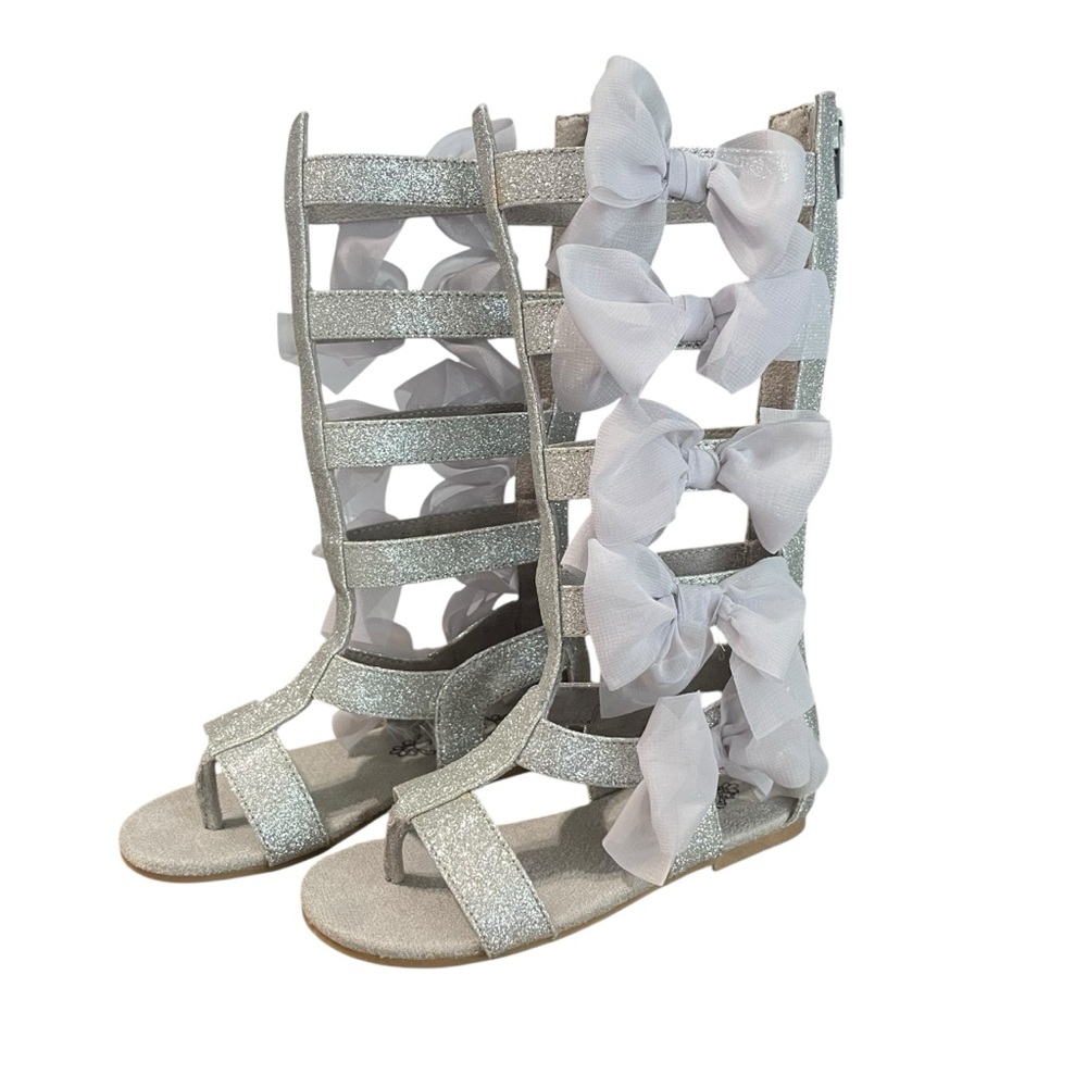 Joyfolie Girls Alexa Silver Glitter Gladiator Sandals with Bows | Size 10